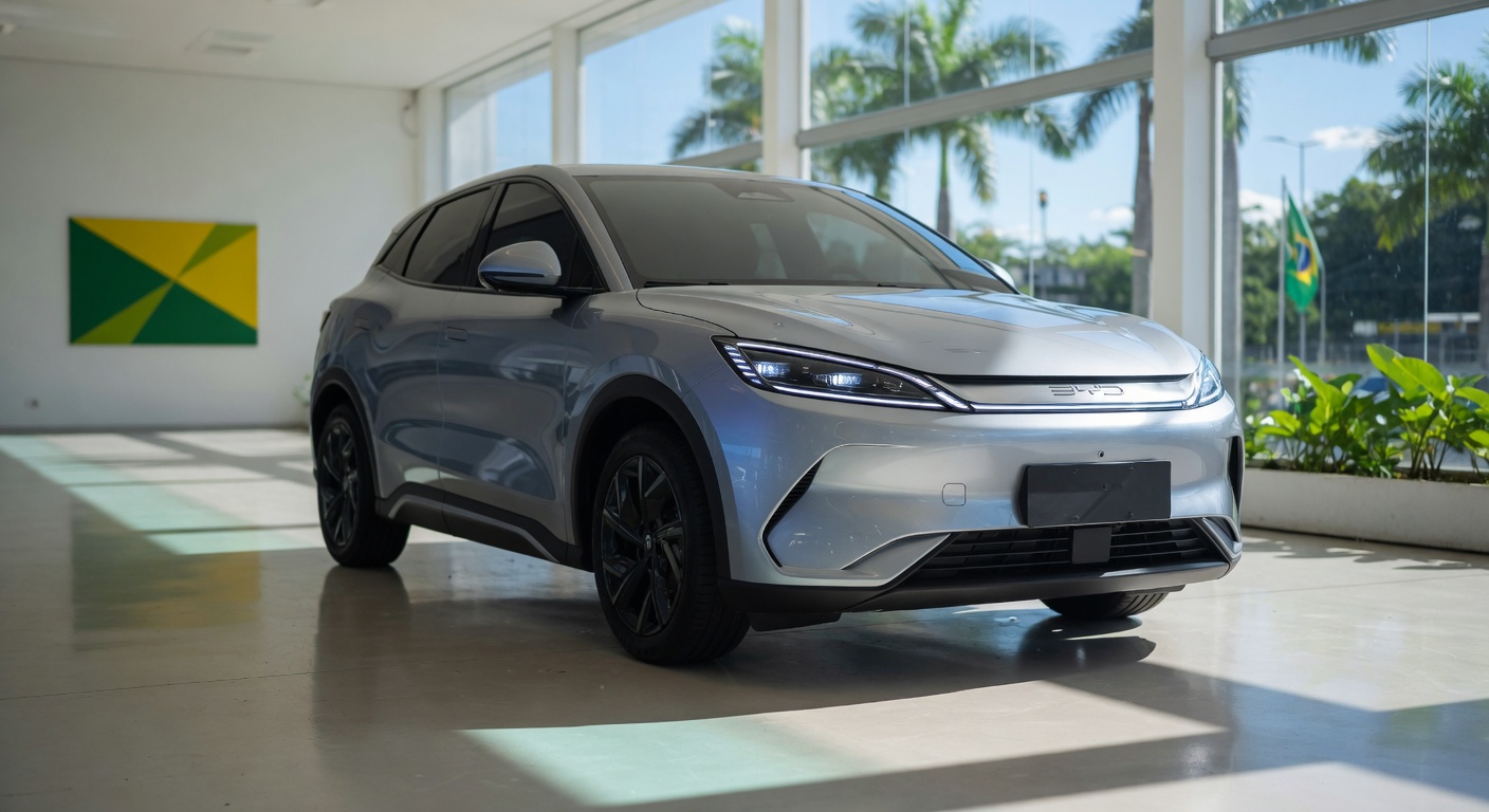 GAC Aion UT electric SUV on display at Brazilian dealership showroom with modern lighting and clean background