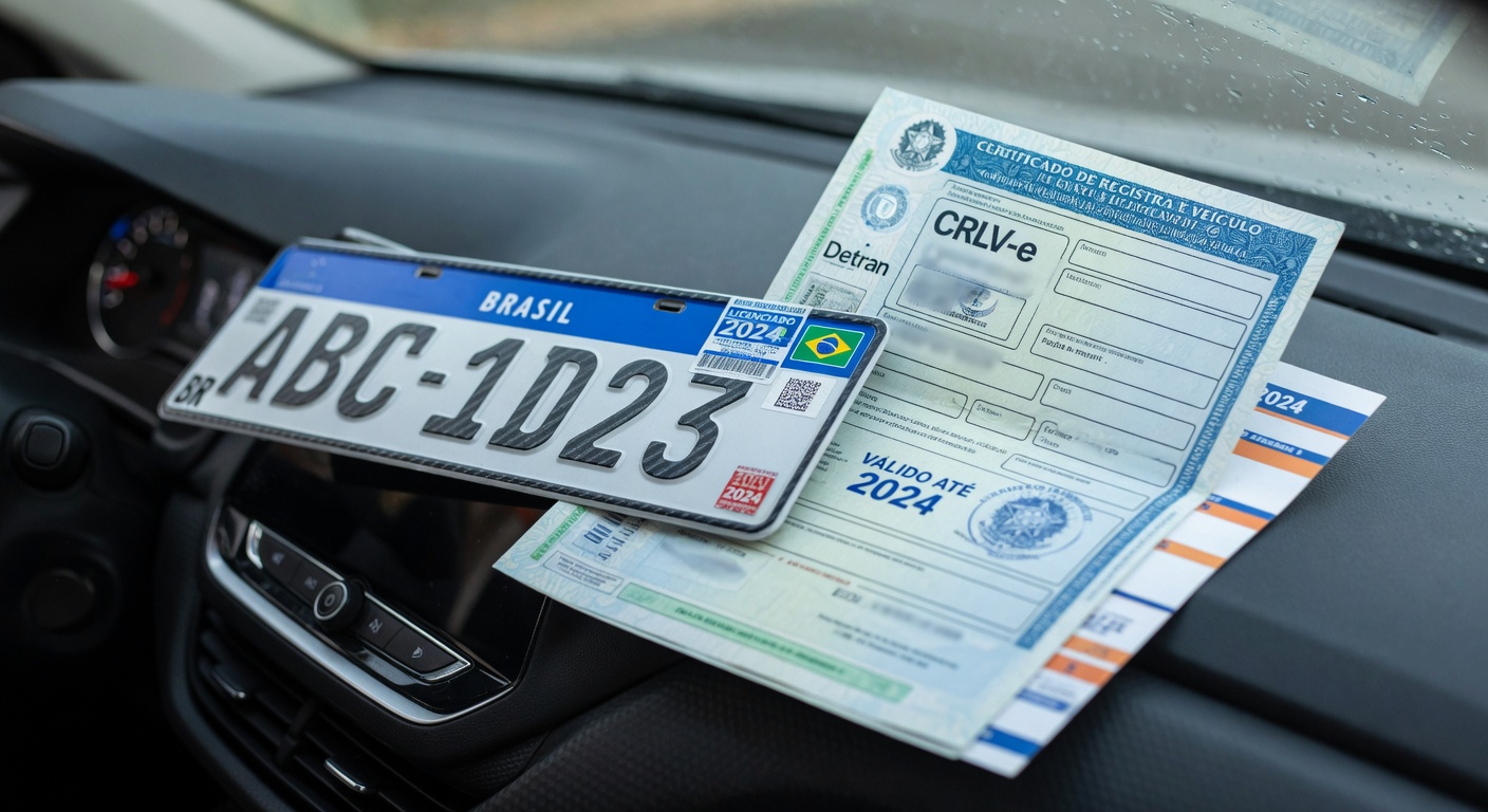 Brazilian vehicle registration documents and license plate on car dashboard representing Detran-RJ licensing deadline extension