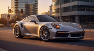 Porsche 911 Turbo S sports car photographed from three-quarter front angle in urban setting with dramatic lighting