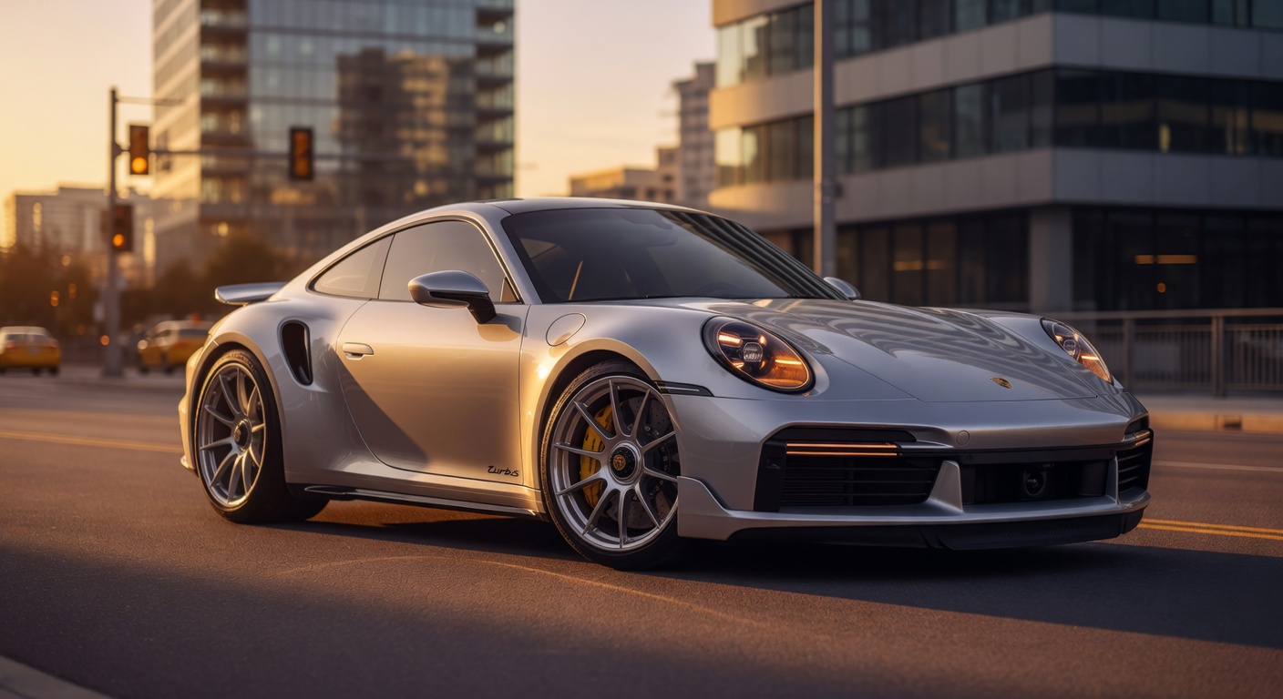 Porsche 911 Turbo S sports car photographed from three-quarter front angle in urban setting with dramatic lighting
