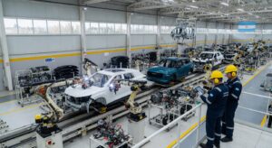 Modern automotive assembly line in Argentina showing SUV manufacturing process with robotic equipment and workers