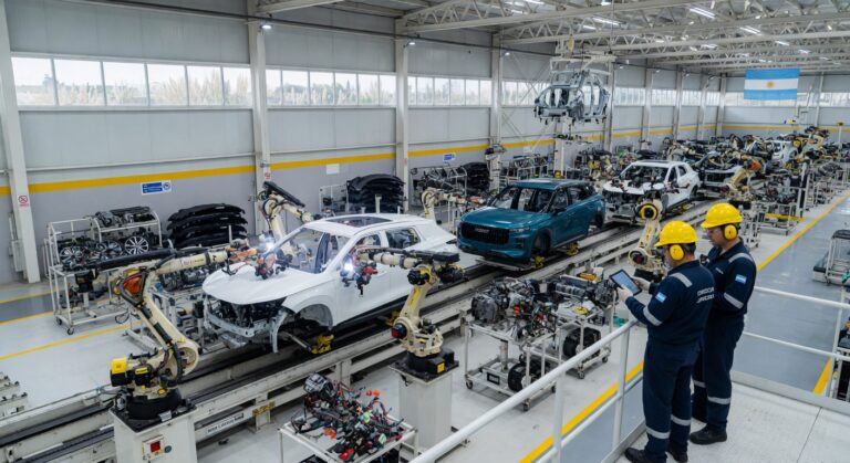Modern automotive assembly line in Argentina showing SUV manufacturing process with robotic equipment and workers