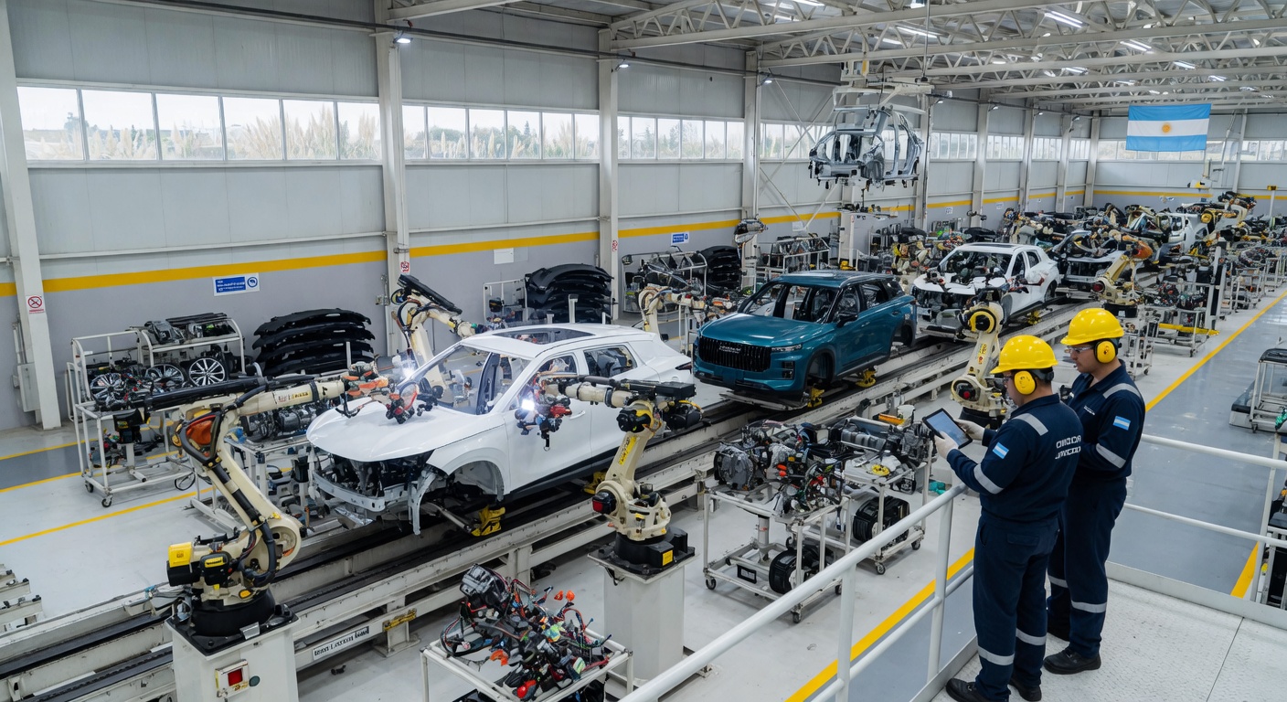 Modern automotive assembly line in Argentina showing SUV manufacturing process with robotic equipment and workers