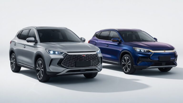 Comparação lado a lado entre SUV chinês GAC GS3 e versão rebadged italiana mostrando design similar