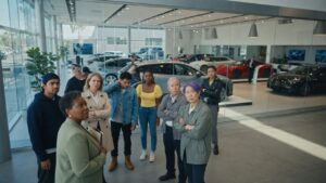 Grupo diverso de pessoas em frente a concessionária de veículos demonstrando diferentes reações sobre consórcio automotivo