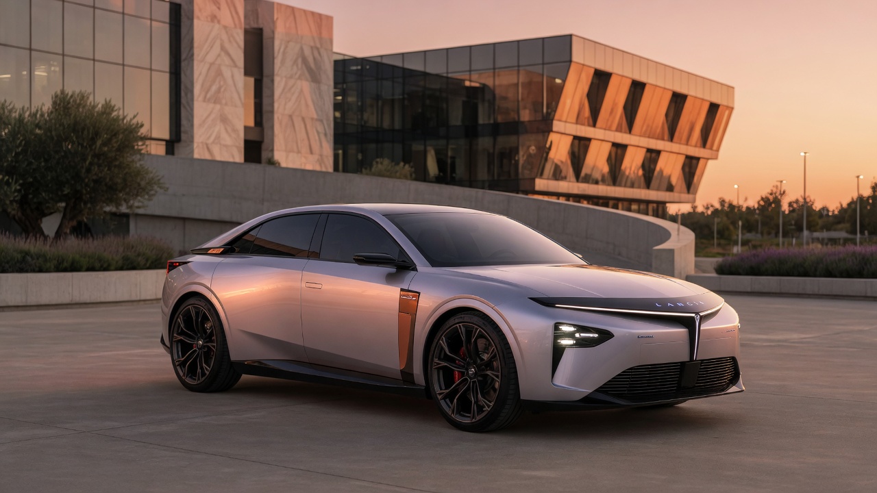 Lancia Gamma elétrico moderno com design inspirado no Fiat Fastback em ambiente urbano contemporâneo