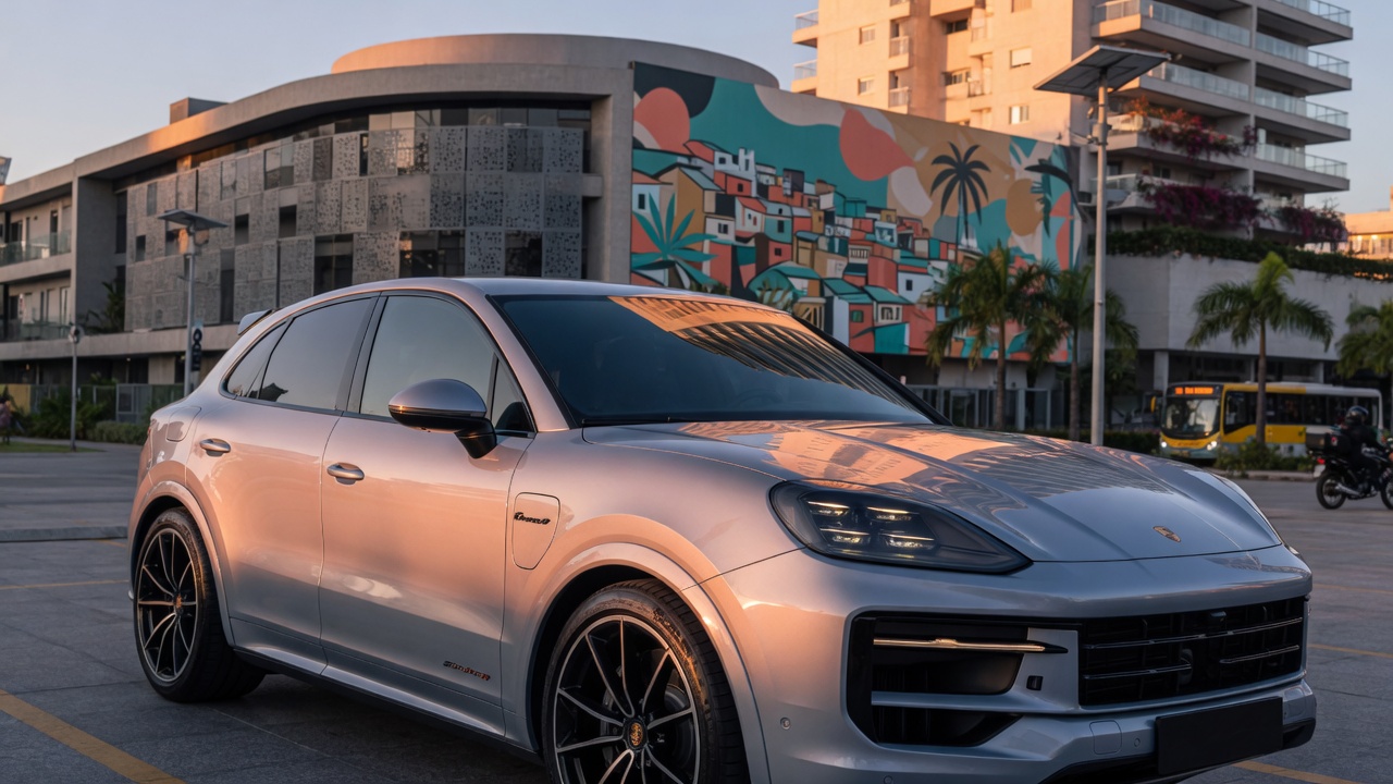 Porsche Cayenne Electric SUV em ambiente urbano brasileiro com iluminação profissional