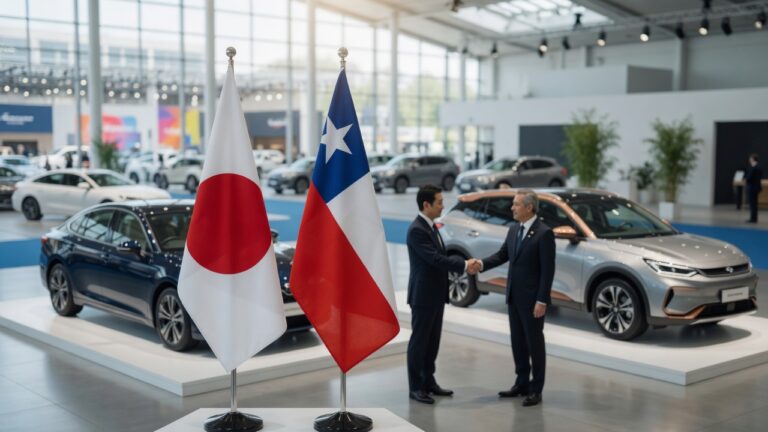 Japanese and Mercosul flags with modern cars representing international automotive trade agreement