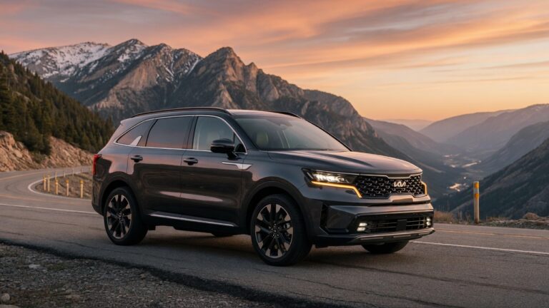 Kia Sorento SUV diesel estacionado em estrada com paisagem montanhosa ao fundo