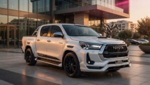 Nova Toyota Hilux com pacote esportivo e de luxo estacionada em ambiente urbano moderno