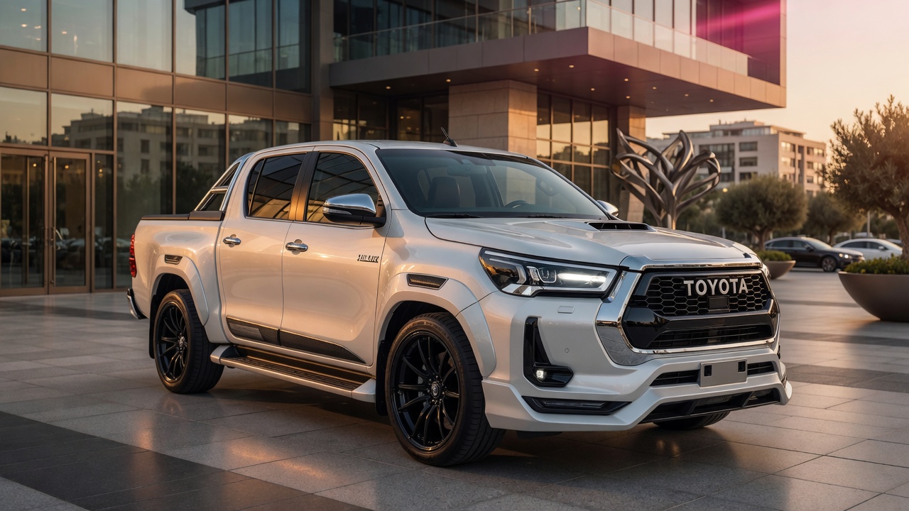 Nova Toyota Hilux com pacote esportivo e de luxo estacionada em ambiente urbano moderno