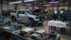 Ford Ranger pickup truck em instalação automotiva com componentes de bateria elétrica em primeiro plano