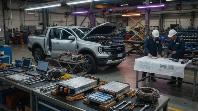 Ford Ranger pickup truck em instalação automotiva com componentes de bateria elétrica em primeiro plano