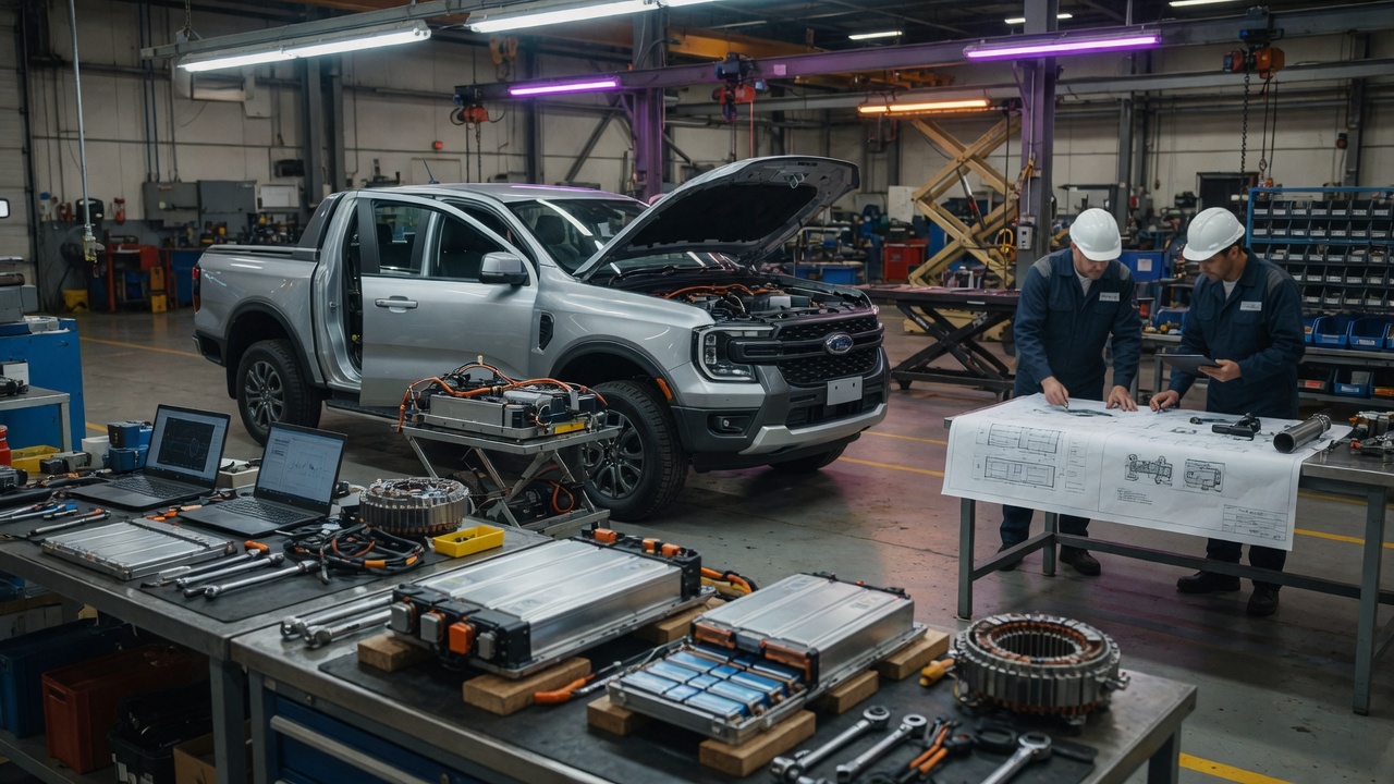 Ford Ranger pickup truck em instalação automotiva com componentes de bateria elétrica em primeiro plano