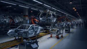 Empty Porsche factory production line with dimmed lights showing manufacturing slowdown