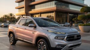 Fiat Toro 2027 híbrida em prata metálico estacionada em ambiente urbano moderno com iluminação profissional