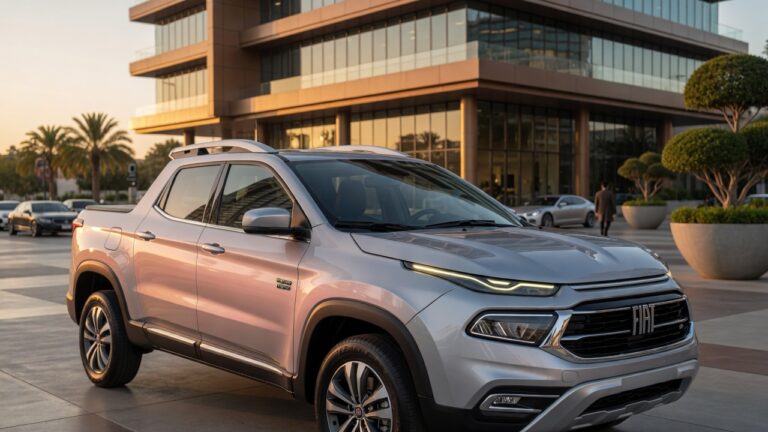 Fiat Toro 2027 híbrida em prata metálico estacionada em ambiente urbano moderno com iluminação profissional