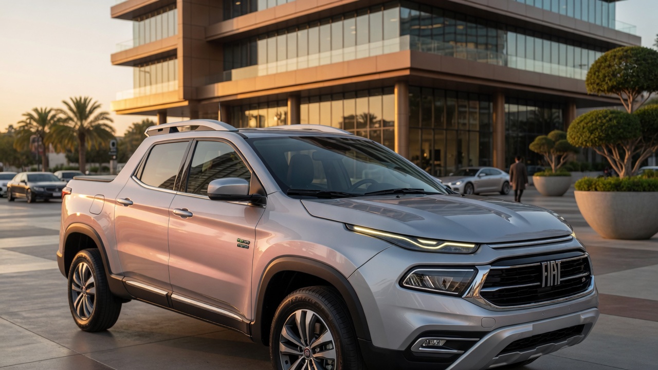 Fiat Toro 2027 híbrida em prata metálico estacionada em ambiente urbano moderno com iluminação profissional