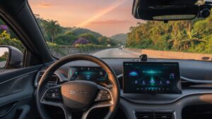 Interior view of BYD autonomous vehicle with hands-free steering wheel on Brazilian highway showcasing self-driving technology