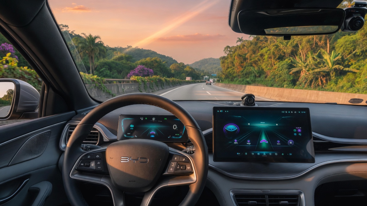 Interior view of BYD autonomous vehicle with hands-free steering wheel on Brazilian highway showcasing self-driving technology