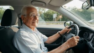 Motorista centenário de 108 anos sentado ao volante de um carro moderno, demonstrando vitalidade e confiança