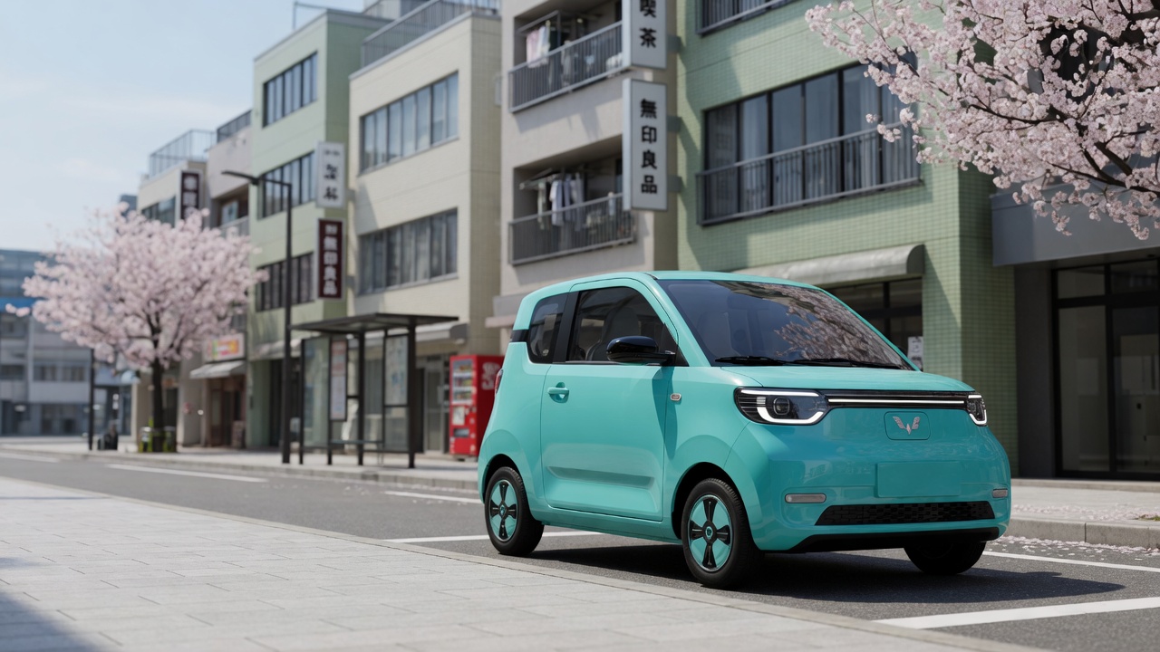 Carro elétrico compacto chinês estacionado em rua urbana de Tóquio com arquitetura japonesa ao fundo