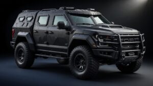 Rezvani Fortress armored truck based on Ford F-150 Raptor with tactical black armor plating and aggressive military design