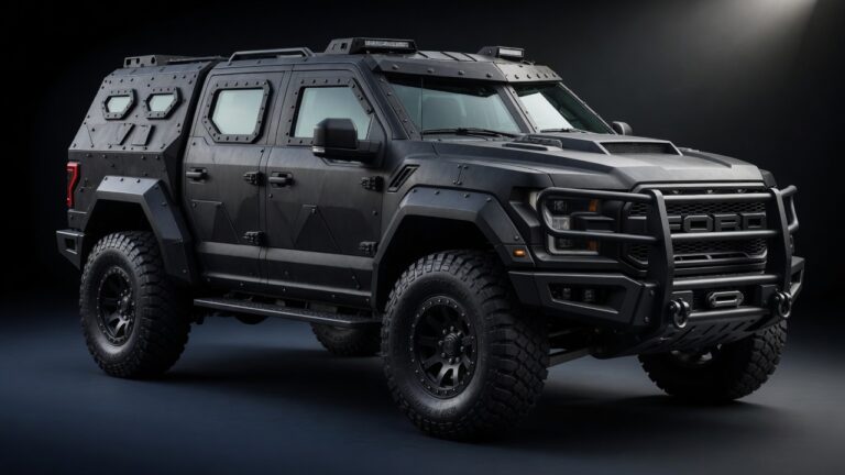 Rezvani Fortress armored truck based on Ford F-150 Raptor with tactical black armor plating and aggressive military design