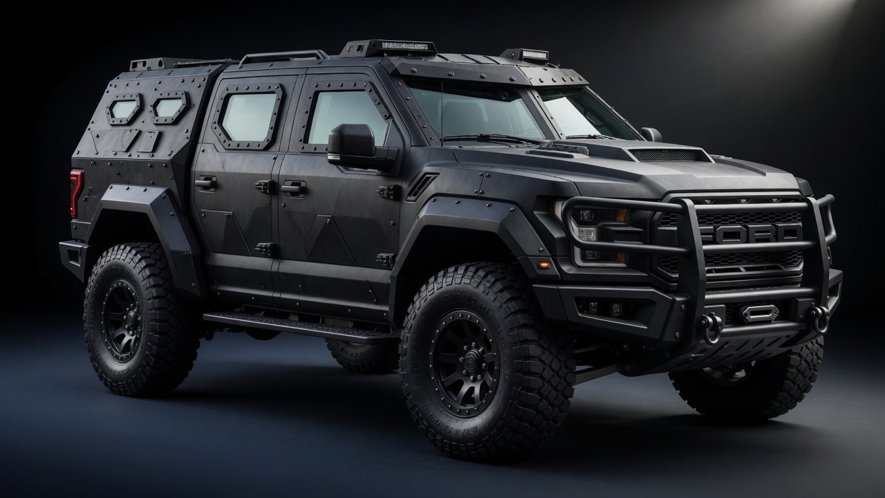 Rezvani Fortress armored truck based on Ford F-150 Raptor with tactical black armor plating and aggressive military design