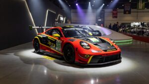 Porsche 911 GT3 R Rennsport racing car on display at Brazilian automotive exhibition