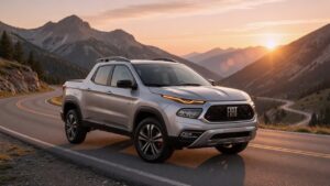 Fiat Toro 2027 pickup truck em prata metálico fotografada em estrada de montanha durante o pôr do sol
