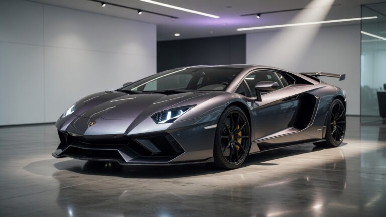 Luxury Lamborghini supercar displayed in modern showroom with dramatic lighting highlighting its design
