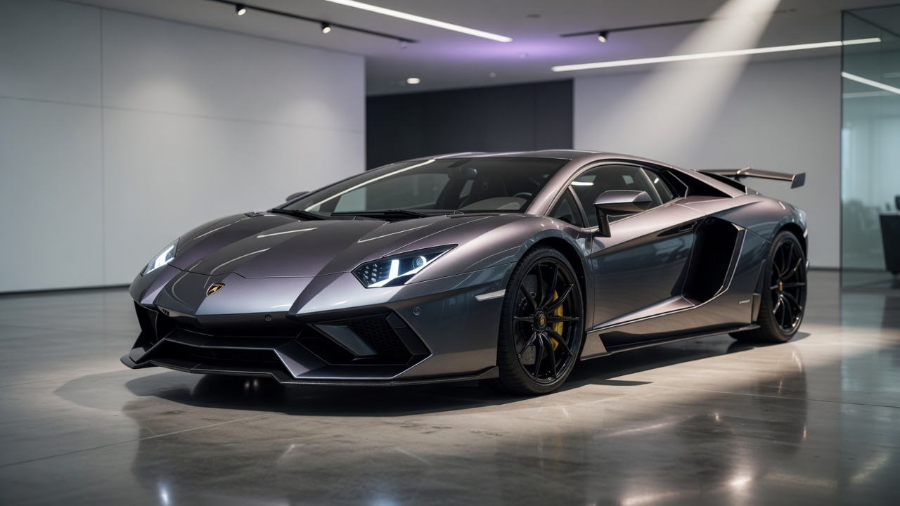 Luxury Lamborghini supercar displayed in modern showroom with dramatic lighting highlighting its design