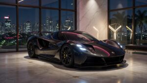 Lotus Evija electric hypercar displayed in premium Brazilian automotive showroom