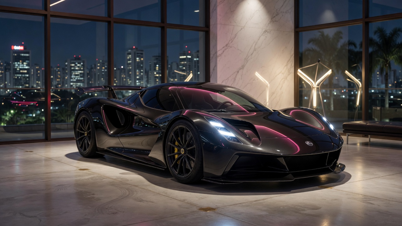 Lotus Evija electric hypercar displayed in premium Brazilian automotive showroom