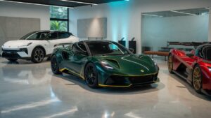 Lotus sports cars including electric SUV and hypercar on display at Brazilian dealership showroom