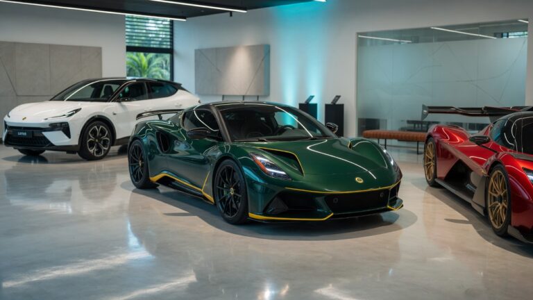 Lotus sports cars including electric SUV and hypercar on display at Brazilian dealership showroom