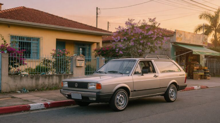 Classic VW Parati LS station wagon from the 1980s in silver, photographed in nostalgic Brazilian setting with golden hour lighting