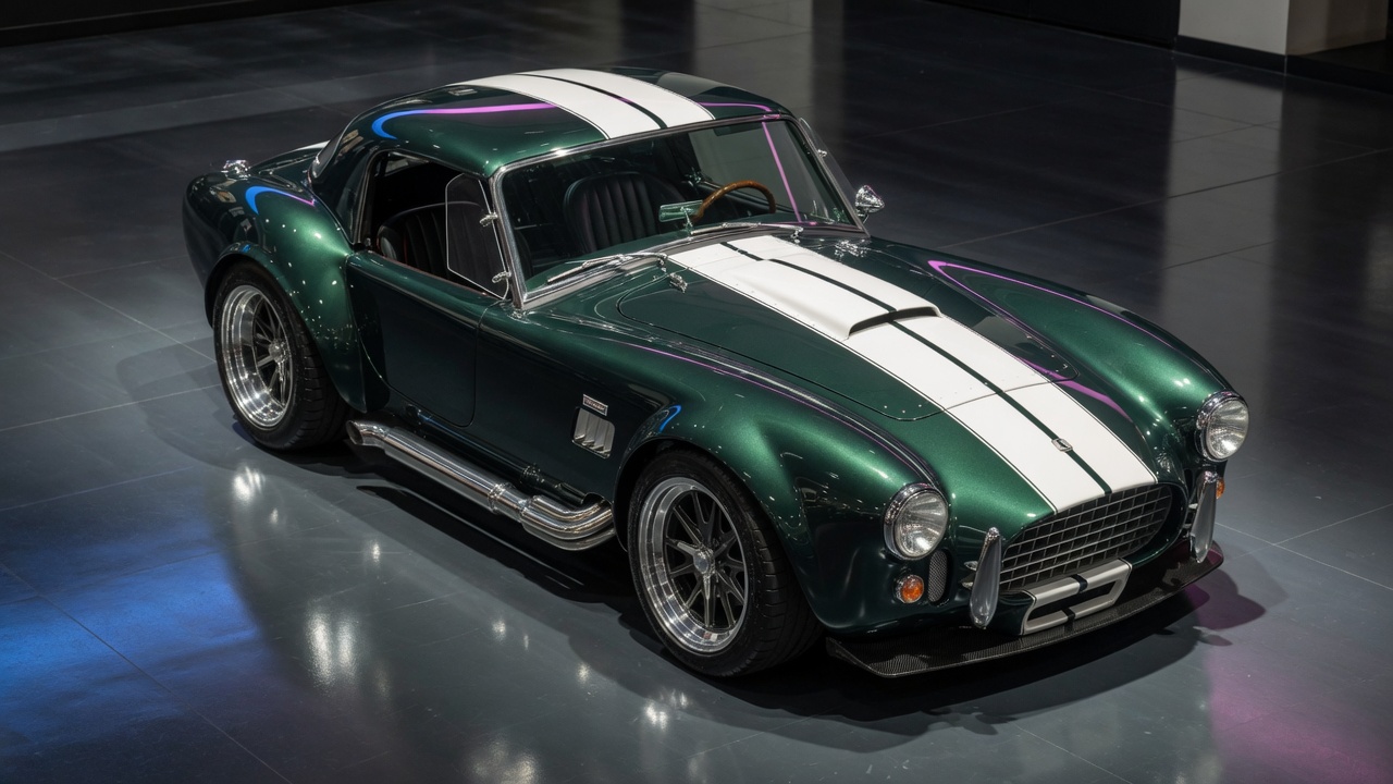 AC Cobra GT Coupe com teto fechado em estúdio profissional, destacando design aerodinâmico e linhas esportivas