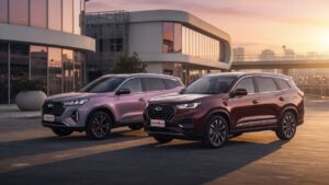 Caoa Chery Tiggo 7 and Tiggo 8 Pro PHEV SUVs displayed side by side in professional automotive photography