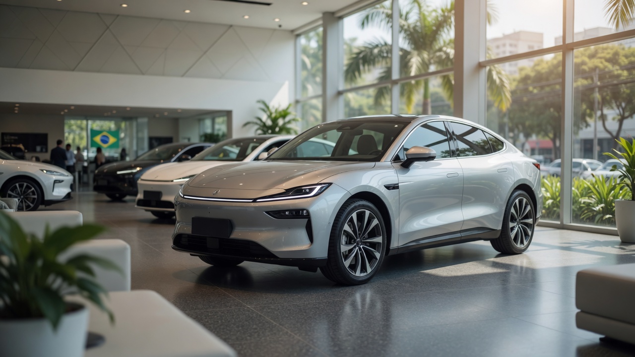 GWM Ora 5 electric SUV on display at Brazilian dealership showroom in pre-sale launch
