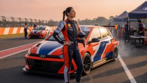 Female race car driver standing beside HB20 race car on professional motorsport track