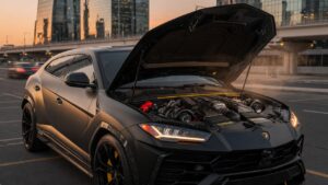 Lamborghini Urus luxury SUV highlighting its V8 engine and bold design in professional automotive photography