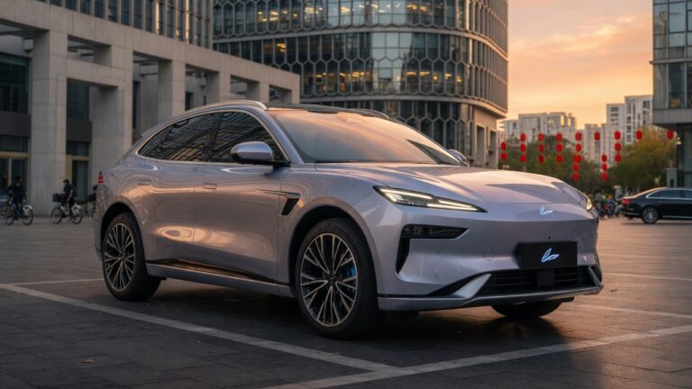 GAC Aion UT electric SUV in silver displayed in modern urban environment with contemporary architecture