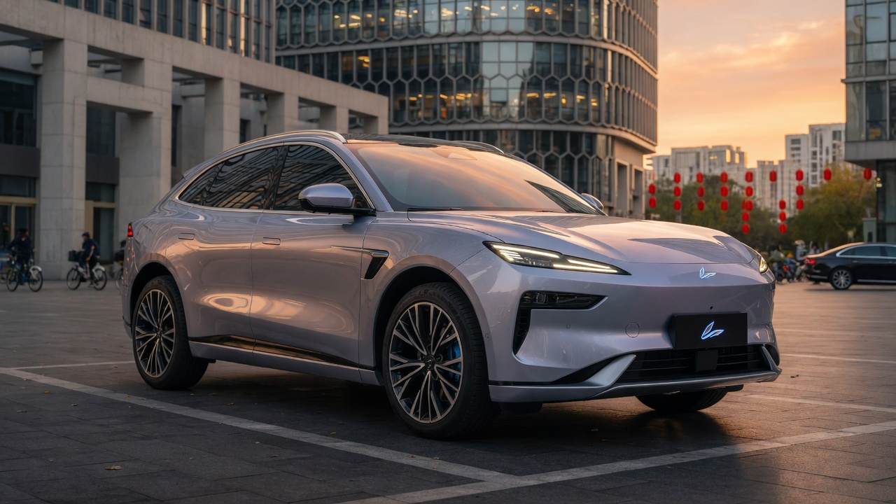 GAC Aion UT electric SUV in silver displayed in modern urban environment with contemporary architecture