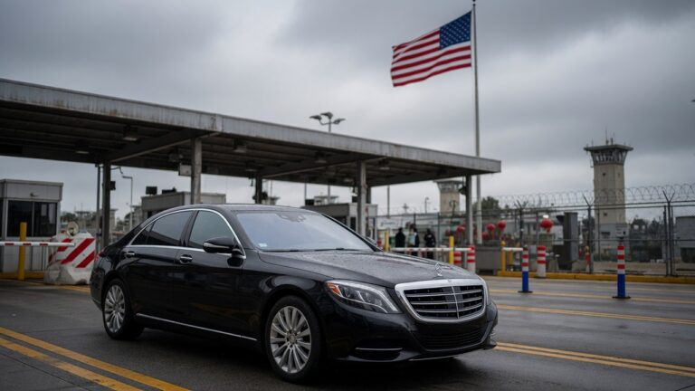 Mercedes-Benz luxury vehicle at international border symbolizing US-China trade tensions