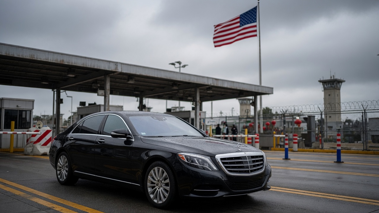 Mercedes-Benz luxury vehicle at international border symbolizing US-China trade tensions