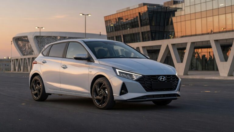 Hyundai i20 compact SUV in urban setting, modern automotive design showcasing front and side profile