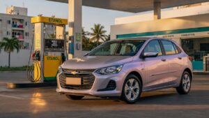 Chevrolet Onix 2027 model parked at ethanol fuel station during golden hour