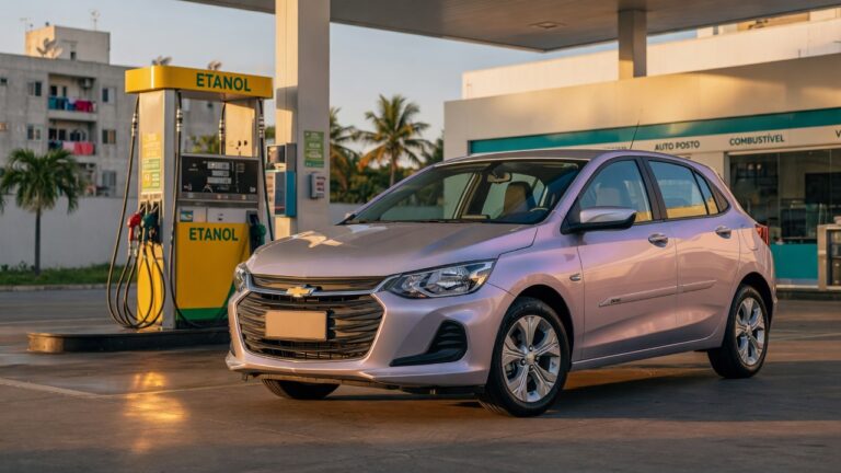 Chevrolet Onix 2027 model parked at ethanol fuel station during golden hour